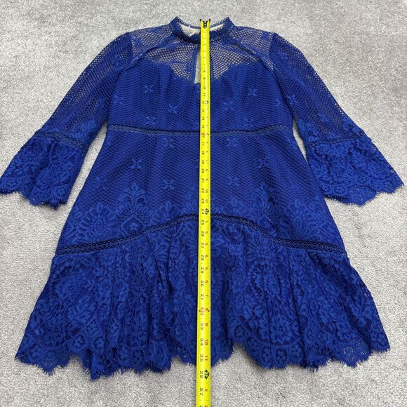 Ever New Melbourne Lace Mesh Mini Dress Womens 12 Blue Bell Sleeve Backless - Picture 8 of 14